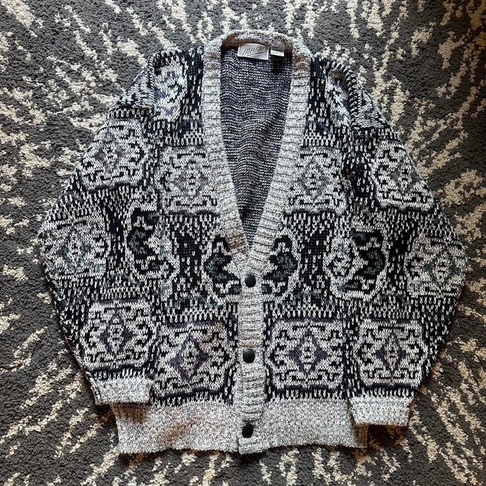 Vintage Method 80s Black + White Geometric Pattern Knit Sweater Cardigan Size Md
